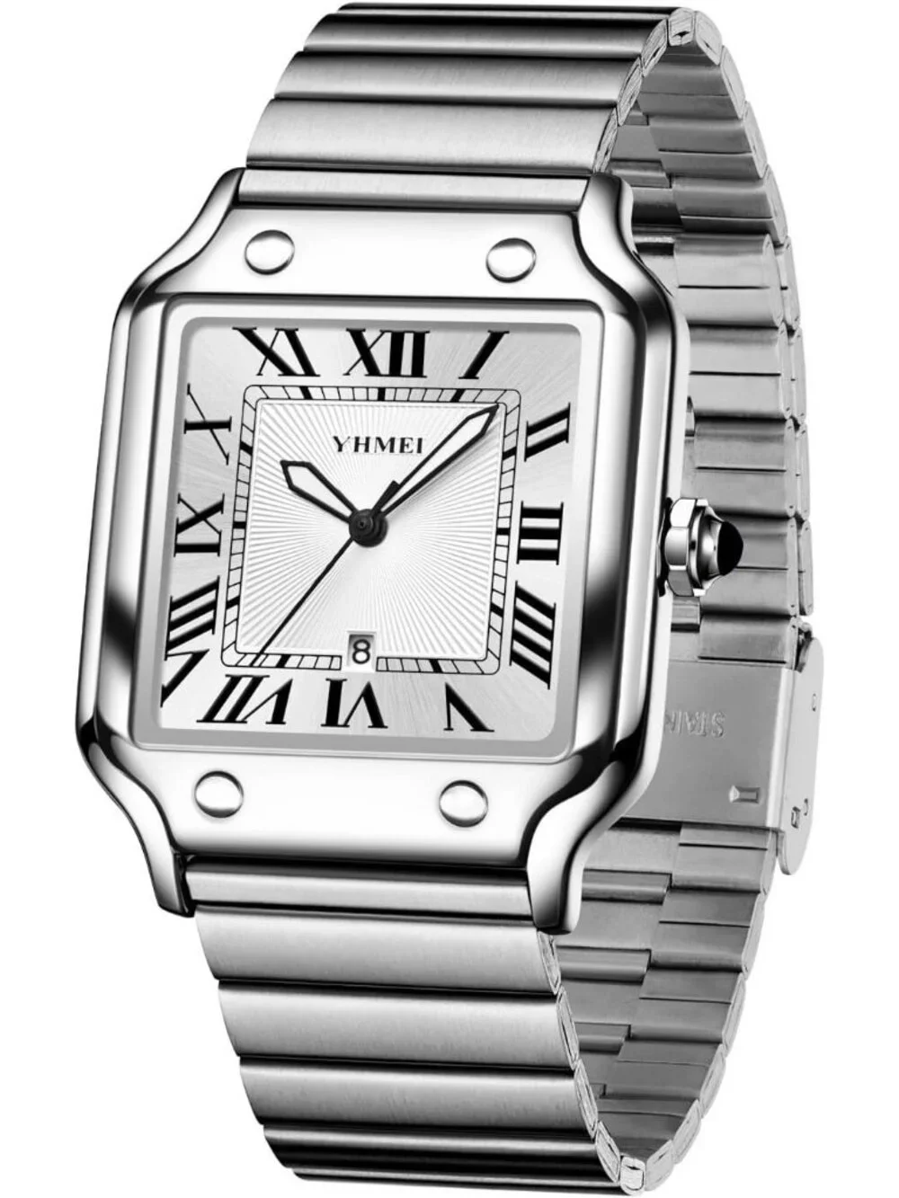 Unisex Silver White Classic Square Roman Numerals Analog Quartz Wrist Watches